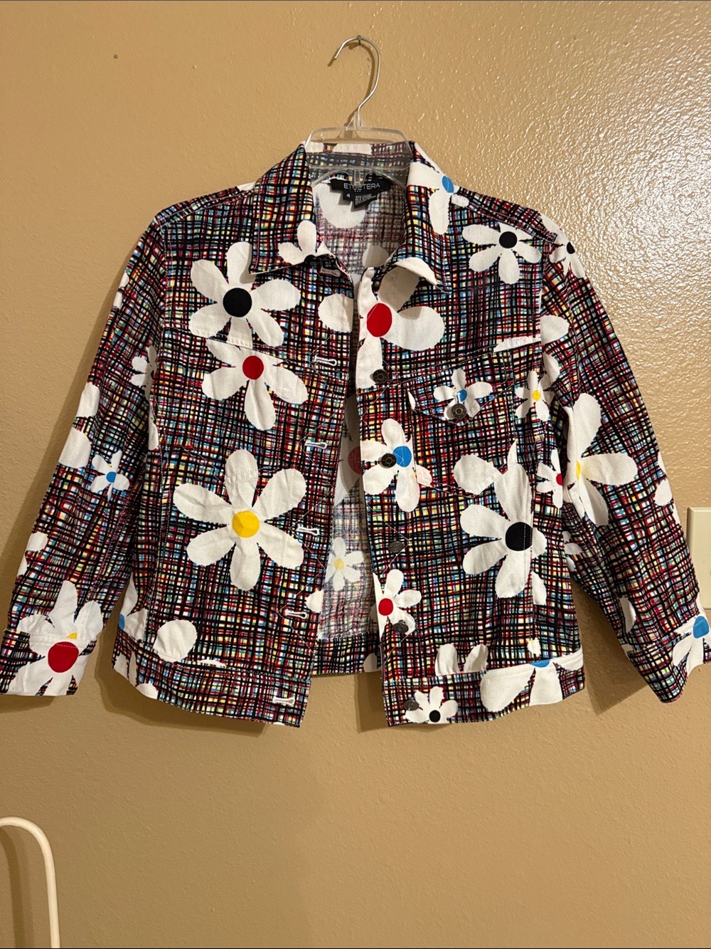 Etcetera Multicolor Plaid Jean Jacket with White Daisy Appliqués